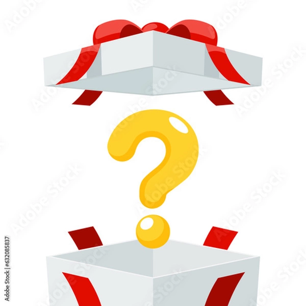 Fototapeta Open a mystery gift box with a red ribbon on isolated white background. Random secret loot box isometric concept. Vector illustration cartoon flat design.