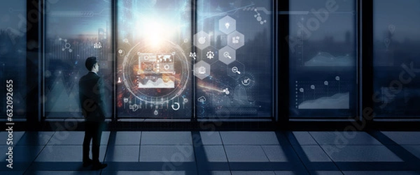 Fototapeta Business intelligence, data analytics and visualization concept. Machine learning, artificial intelligence (AI) and statistical model for predictive analytics and making effective business decisions.