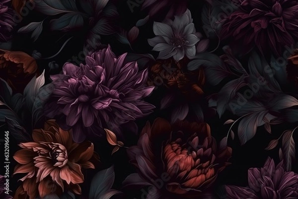 Obraz Dark seamless pattern with flowers. Applicable for fabric print, textile, wrapping paper, wallpaper. Botanical background with plants. Vintage, classic style. Repeatable texture. Generative AI.