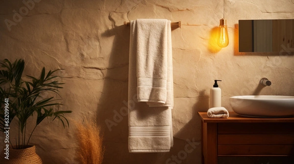 Fototapeta cozy bathroom ambiance, fluffy towel hanging from a towel rack, warm golden lighting creating a soothing atmosphere, minimalist and spa