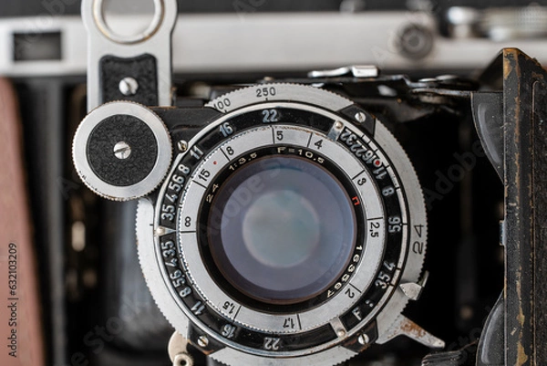 Obraz Old retro camera with manual lens from the times of the USSR, closeup