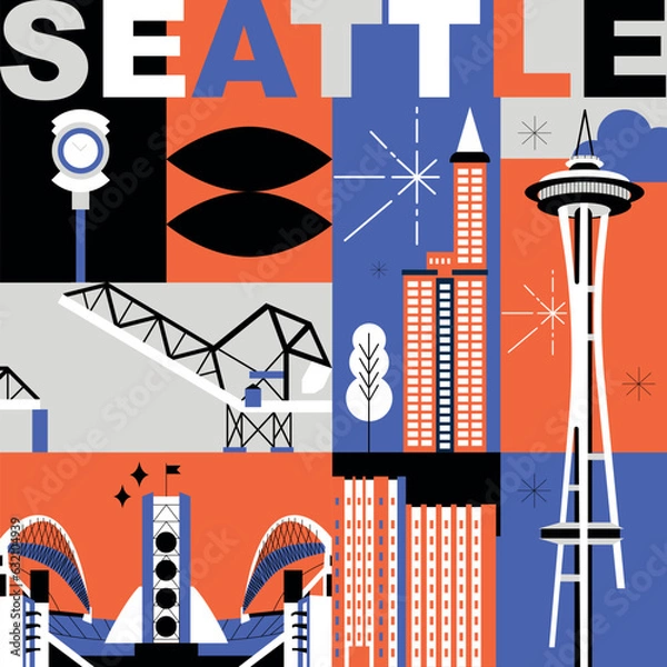 Obraz Seattle culture travel set, American famous architectures, USA in flat design. Business travel and tourism concept clipart. Image for presentation, banner, website, advert, flyer, roadmap, icons