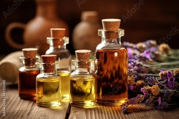 Fototapeta Assortment of natural oils in glass bottles. Concept of pure organic ingredients in cosmetology. Atmosphere of harmony, relax, spa. Spa still life with essential oils on table. 