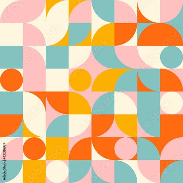 Fototapeta Retro geometric aesthetics. Bauhaus and avant-garde inspired vector background with abstract simple shapes like circle, square, semi circle. Colorful pattern in nostalgic pastel colors.