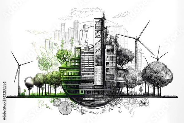 Fototapeta Hand drawn city sustainable engine. Generative ai design concept.