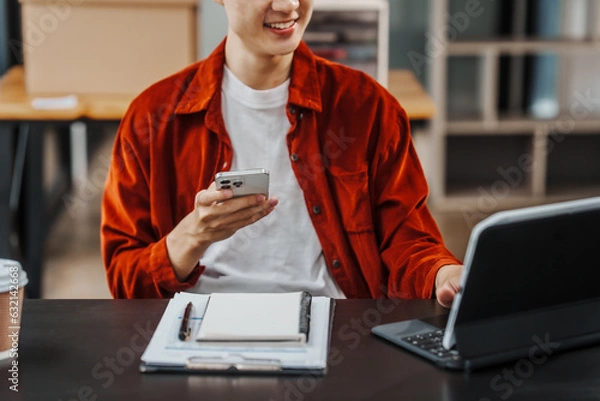 Fototapeta Education student Asian teenager studying MBA online classes with technology, learning language, online education concept