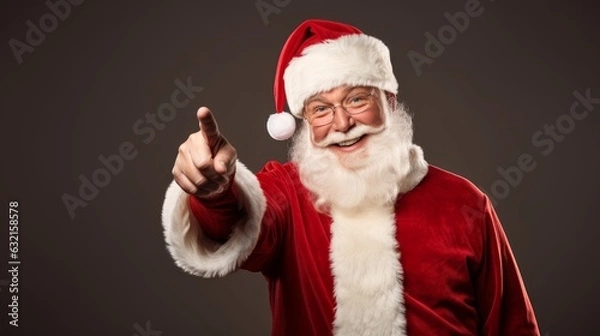 Obraz Santa Claus pointing at advertising banner with space for text. Generative AI