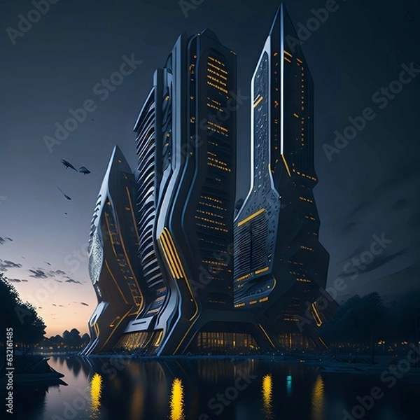 Fototapeta futuristic building skyline illuminated by night lights generated by ai