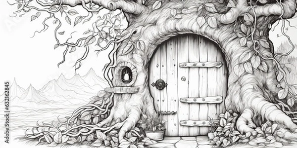 Obraz AI Generated. AI Generative. Kids coloring book page with fantasy house home building in tree. Can be used for fun game play education adults or kids