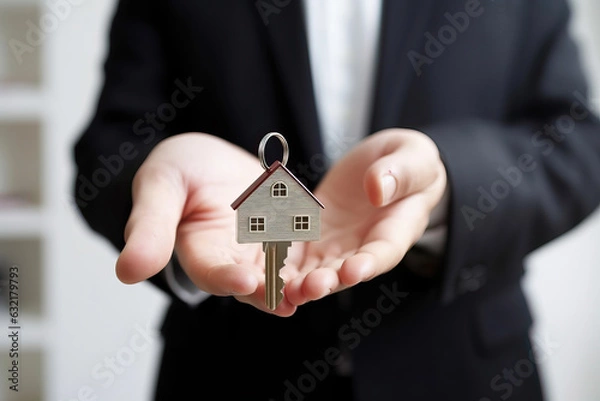 Fototapeta A person holding a house key, symbolizing the excitement of homeownership and the start of a new chapter