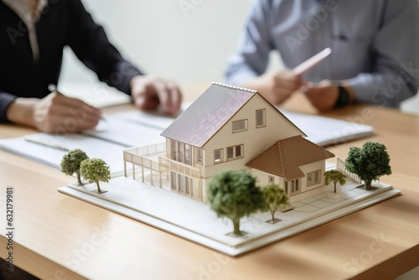 Fototapeta A real estate agent and a client discussing a model house at a table