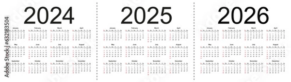 Fototapeta Simple editable vector calendars for year 2024 2025 2026. Week starts from Sunday. Isolated vector illustration on white background.