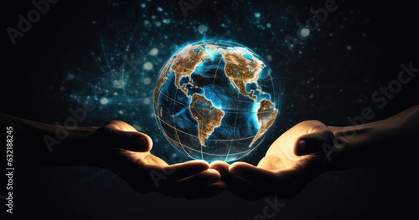 Fototapeta Hands holding circular globe of Earth, containing information and data, in luminous 3D model style.