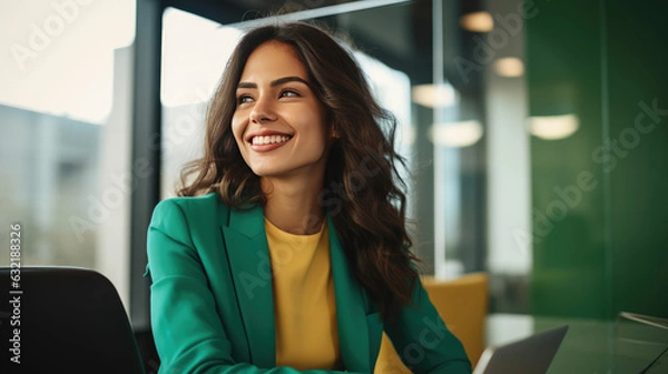 Fototapeta Confident, smiling Hispanic businesswoman in green attire; entrepreneur or customer service rep, specialized in finance or tech.