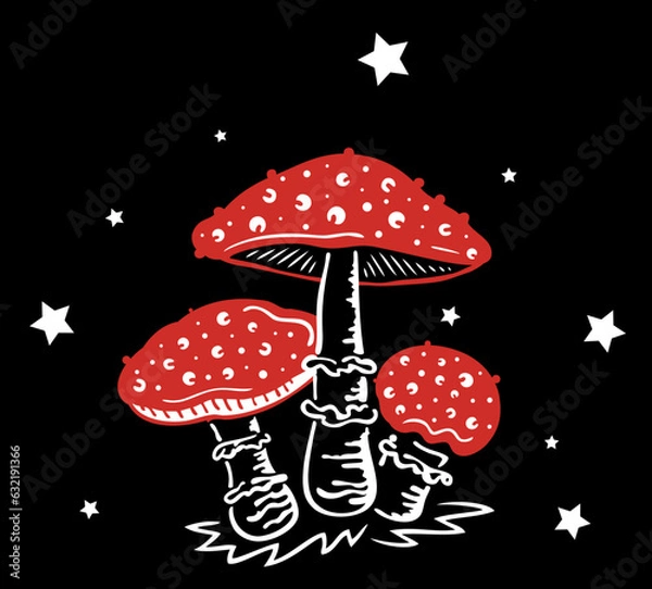 Fototapeta Fliegenpilze Pilze mit Sternen. Herbst Vektor Zeichnung. Schwarz rot.