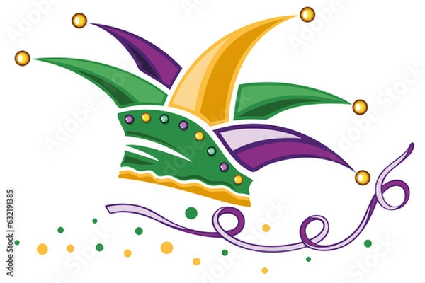 Fototapeta Narrenkappe zu Karneval, Rosenmontag, Fasching und Weiberfastnacht, mit Luftschlange, Herz und Konfetti in lila, grün, gold. Mardi Gras Farben.