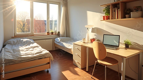 Fototapeta Simple and bright room for two students in a student dormitory