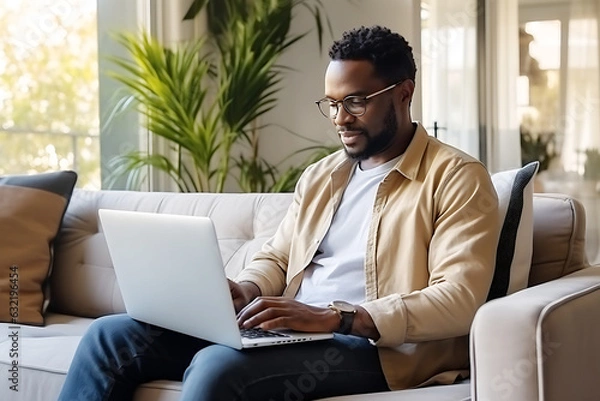 Fototapeta A young African American man works as a neural network tutor. A man sits on the couch with a laptop on his lap and teaches online.