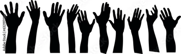 Obraz  row of hands reaching up in the air Silhouette. The hands are all different shapes and sizes, and they are all facing the same direction.