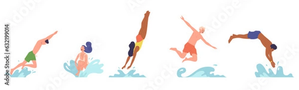 Obraz Izolowany zestaw szczęśliwych młodych ludzi postacie z kreskówki skaczące do wody w innej pozie