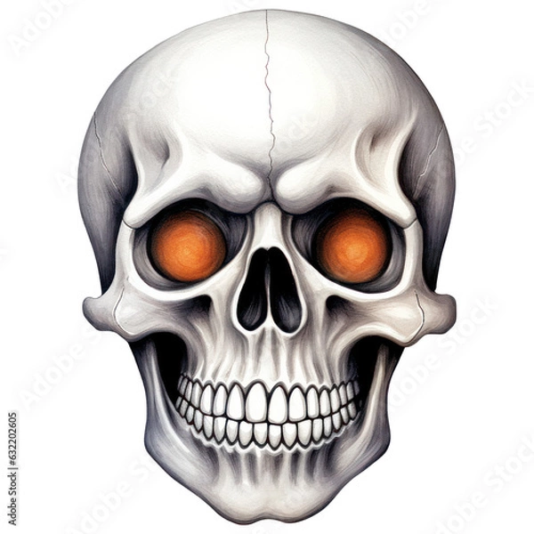Obraz Watercolor Skull Human Head, Eerie, Horror, Spooky Halloween, Anatomy. Isolated on Transparent Background. Generative AI