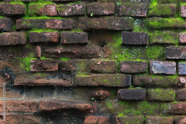 Fototapeta brick walls mossy and eroded by rainwater, unique and ancient bricks