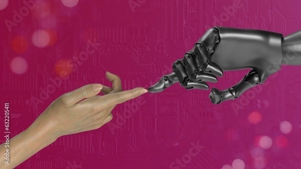 Fototapeta Robot and human hands touching each other 