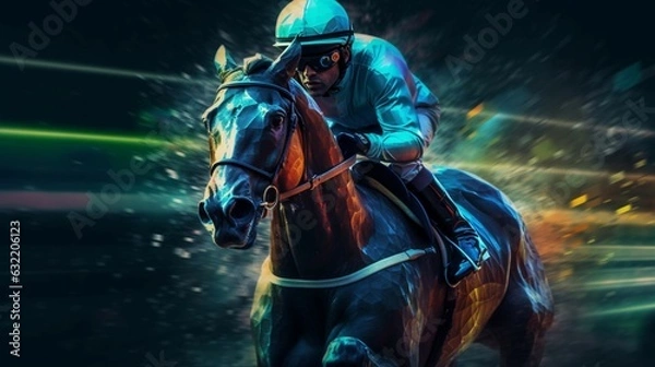 Fototapeta Horse racing at night.Digital illustration of thoroug.Generative AI