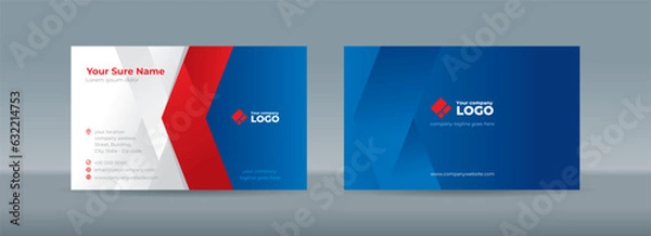 Obraz Set of double sided business card templates with simple red folded ribbons on blue and white background