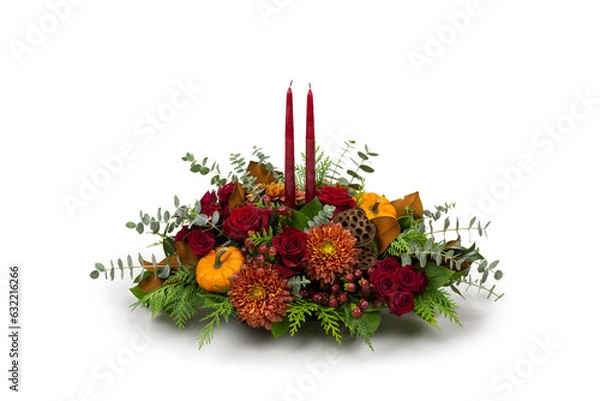 Fototapeta Autumn Fall Floral flower arrangement - Roses Mums in Glass Vase - Table arrangement red candles isolated on white background - Florist, Small Business, Retail