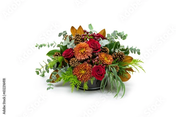 Fototapeta Autumn Fall Floral flower arrangement - Roses chrysanthemum in Glass Vase - Table arrangement isolated on white background - Florist, Small Business, Retail