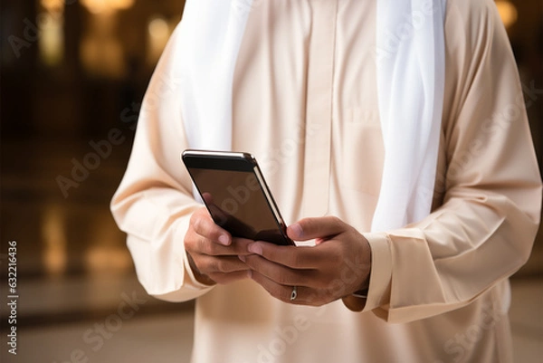 Fototapeta Close-up of Muslim man using mobile smart phone in the mosque