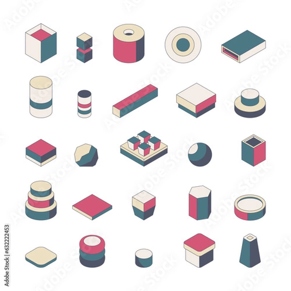 Fototapeta Vector set of 3d and flat geometric shapes. Isometric contour illustration.  Collection of objects, element for web. Clipart for advertising, flyer, commercial 
banner, billboard, poster, graphic icon