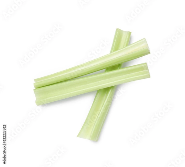 Fototapeta Fresh cut celery stalks isolated on white, top view