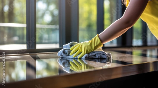 Fototapeta wipe the table from dust cleaning the kitchen generative ai