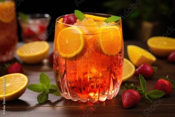 Fototapeta refreshing rum punch in a glass with fruit slices