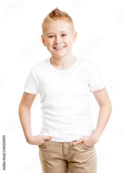 Fototapeta handsome kid model in white tshirt standing front view isolated