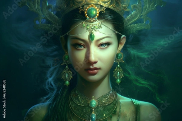 Fototapeta Beautiful woman Green Tara on green background. AI Generative