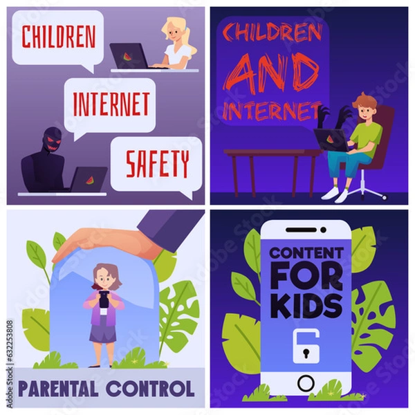 Fototapeta Children internet safety posters set, flat vector illustration.