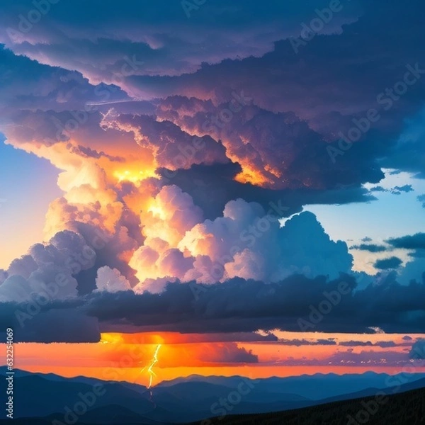 Fototapeta Puffy Clouds Sunset Mountains Peak Lightning