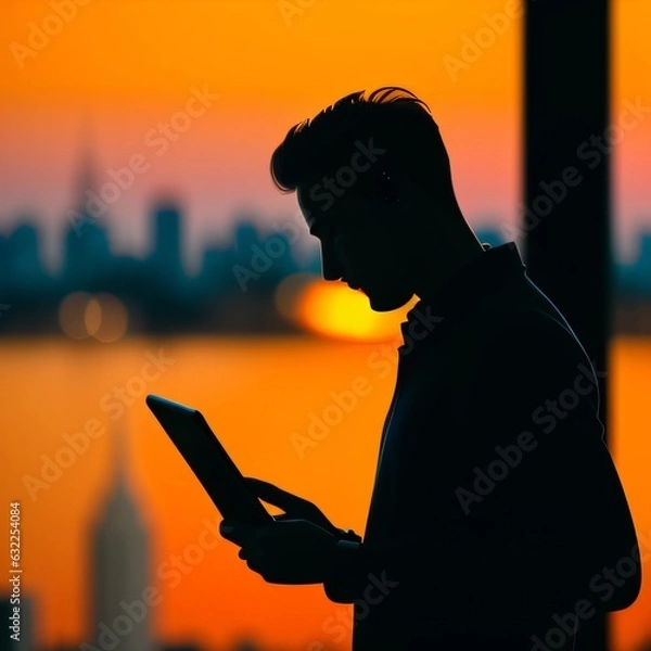 Fototapeta Man On Phone Silhouette Cybersecurity