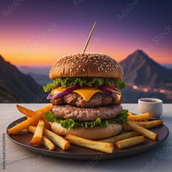 Fototapeta Hamburger with French Fries at Sunset on a Mountain