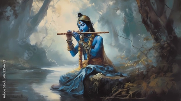 Fototapeta Young Lord Krishna sitting by the water | Generative AI