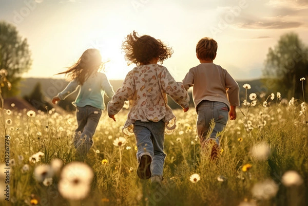 Fototapeta A group of small children running across a flowery meadow in summer 