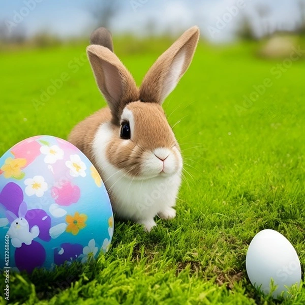 Fototapeta Single sedate furry american sable rabbit sitting on green grass with easter egg