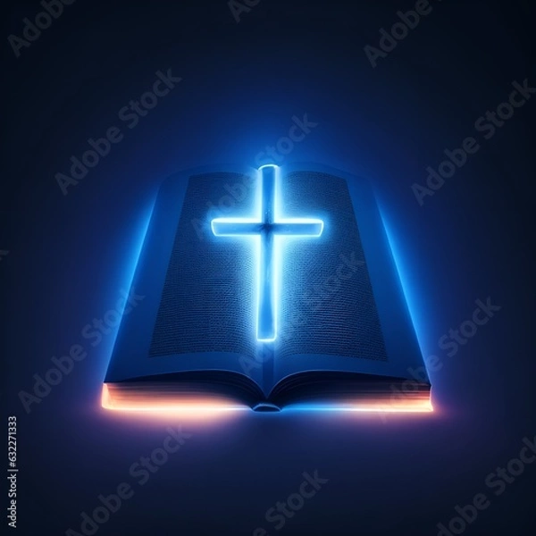 Fototapeta Open book with glowing cross on dark background religion concept generative ai