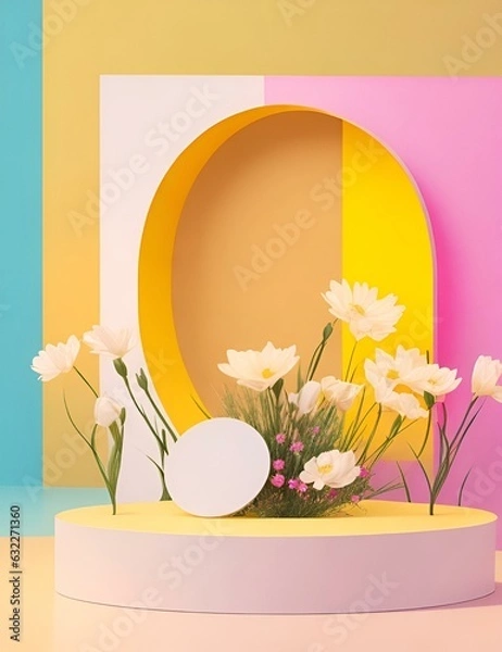 Fototapeta Stage podiums with spheres and rubber rings on pink arch on blue wall pedestal for kid product presentation geometric 3d render