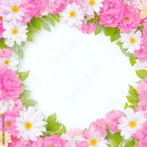 Fototapeta Wreath with rose, leaves, lavender. Round flower frame. Floral motif border. Editable template for design