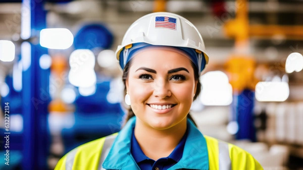 Fototapeta portrait of a worker wear safety helmet in factory - Generative AI
