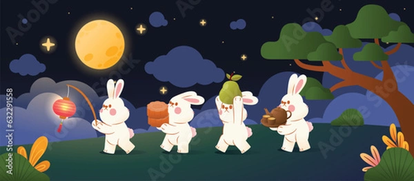 Fototapeta Rabbits Parade in Mid Autumn Festival Carry Festival Objects, Vector, Illustration